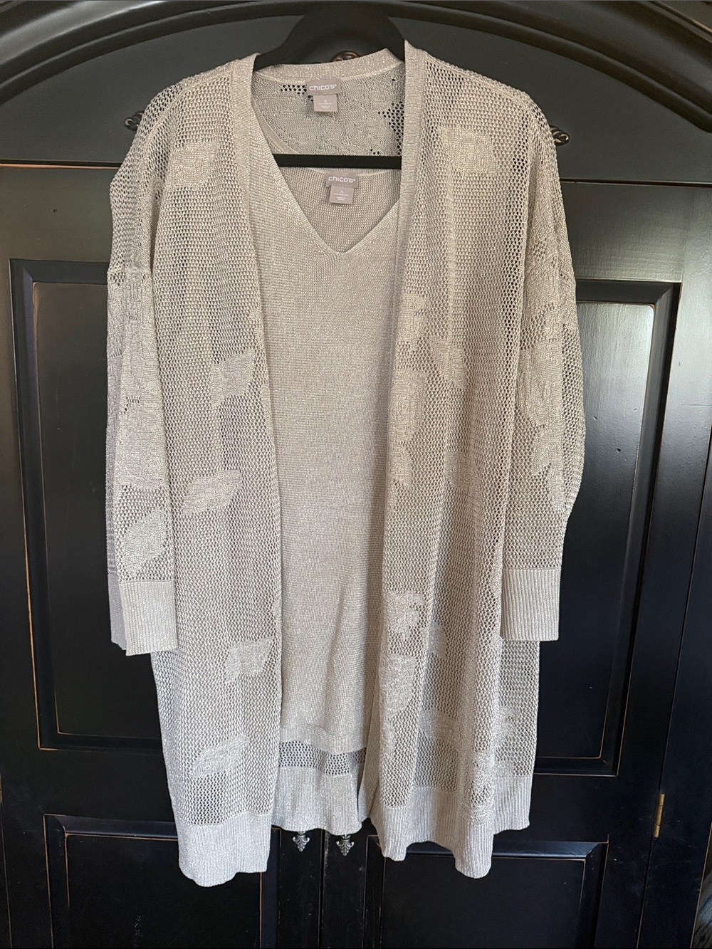 Chico's Light Gold Openwork Long Cardigan and Shell Set Sz 3/4